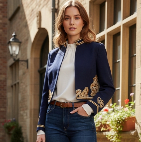 Vintage Jackets & Blazers - 90s Cropped Hussar Jacket – Navy & Gold Statement Military Blazer